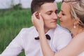 Female and male portrait. Lady and guy outdoors.Wedding couple in love, close-up portrait of young and happy bride and groom at we Royalty Free Stock Photo