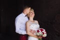 Female and male portrait. Lady and guy outdoors.Wedding couple in love, close-up portrait of young and happy bride and groom at we Royalty Free Stock Photo