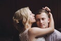 Female and male portrait. Lady and guy outdoors.Wedding couple in love, close-up portrait of young and happy bride and groom at we Royalty Free Stock Photo