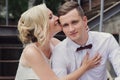 Female and male portrait. Lady and guy outdoors.Wedding couple in love, close-up portrait of young and happy bride and groom at we Royalty Free Stock Photo