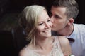 Female and male portrait. Lady and guy outdoors.Wedding couple in love, close-up portrait of young and happy bride and groom at we Royalty Free Stock Photo