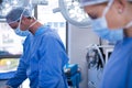 Female and male surgeon wearing surgical mask in operation theater Royalty Free Stock Photo