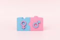 Female male symbol sex gender baby jigsaw concept. learn study feminine masculine boy girl education pink blue pastel.