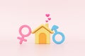 Female male symbol sex gender house, heart pink blue pastel. lover married couple and bride and groom sexual and family. Royalty Free Stock Photo