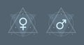 Female and male symbols in boho style. Gender icons with stars and moon. Vector illustration isolated on blue background Royalty Free Stock Photo