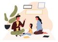 Female and male talking with a child sitting on the floor. Flat design illustration. Vector