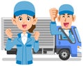 Female and male truck drivers in work clothes