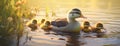 A female mallard leads her adorable ducklings along the tranquil riverbank, basking in the warm sun and showcasing