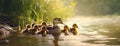 A female mallard leads her adorable ducklings along the tranquil riverbank, basking in the warm sun and showcasing