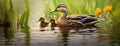 A female mallard leads her adorable ducklings along the tranquil riverbank, basking in the warm sun and showcasing