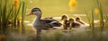 A female mallard leads her adorable ducklings along the tranquil riverbank, basking in the warm sun and showcasing