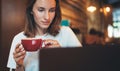 Female manager holding in hands cup of coffee looking screen laptop in cafe, girl freelancer relaxing with cappuccino Royalty Free Stock Photo