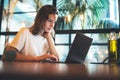 Female manager using laptop at coworking workplace, freelancer work writing on keyboard, businesswoman working via computer