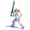 Female manga paladin with huge sword. 3D