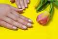 Female manicure on a bright background. Yellow