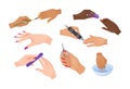 Female manicure hands, accessories equipment and procedures. Female palms, bottle with nail polish, scissors, brush.