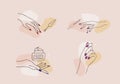 Female manicured hands. Lady painting, polishing nails. Nail polish and nail file. Vector Illustration of Elegant female