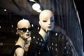 Female mannequin doll displayed n the shop window with city reflections Royalty Free Stock Photo