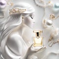 Golden jewellery with pearls, perfume bottle and jasmine flowers