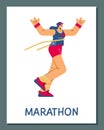 Female marathon runner cross the finish line, marathon race competition vector poster, cartoon athlete number 9 on white Royalty Free Stock Photo