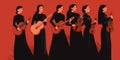 female mariachi band, mexican music group of women playing guitar, minimalist illustration