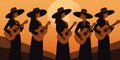 female mariachi band, mexican music group of women playing guitar, minimalist illustration