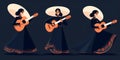 female mariachi band, mexican music group of women playing guitar, minimalist illustration