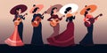 female mariachi band, mexican music group of women playing guitar, minimalist illustration