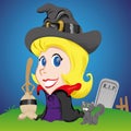 Female mascot, blonde girl witch with broom and black cat