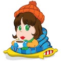 Female mascot, girl brunette long hair, dressed for winter or cold, drinking hot chocolate. Ideal for fashion materials