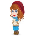 Female mascot, redheaded girl curly, curly hair, dressed for winter or cold with beret, scarf and jacket