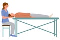 Female massagist or osteopath massaging neck area to client vector flat illustration. Woman doctor or physiotherapist