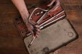 Female mechanic dirty woman hands tool set