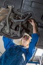 Female Mechanic Repairing Suspension System Of Car In Garage Royalty Free Stock Photo