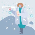 Female doctor with medical tablet on grey backdrop for landing page or online chemist shop.