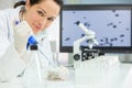 Female Research Scientist With Pipette & Flask In Laboratory Royalty Free Stock Photo