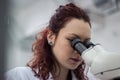 A female medical or scientific researcher or woman doctor looking through a microscope in a laboratory. Young scientist doing Royalty Free Stock Photo