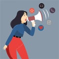 Female with megaphone or bullhorn for background . Concept of e-marketing, internet promo, digital promotion, online advertisement Royalty Free Stock Photo