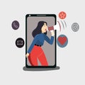 Female with megaphone or bullhorn on screen of handphone . Concept of e-marketing, internet promo, digital promotion, online adver Royalty Free Stock Photo