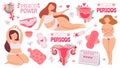 Female menstruation. Women with period and hygiene product tampon, sanitary pads and menstrual cup. Cartoon womb with