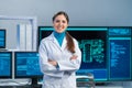 Female microelectronics engineer works in a scientific laboratory on computing systems and microprocessors. Professional