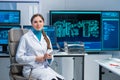 Female microelectronics engineer works in a scientific laboratory on computing systems and microprocessors. Professional