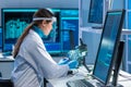 Female microelectronics engineer works in a scientific laboratory on computing systems and microprocessors. Professional