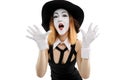 Female mime artist on white. Royalty Free Stock Photo