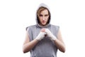 Female MMA fighter in a white background isoleted Royalty Free Stock Photo