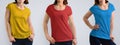 Female mockup set with slim young woman in the color t-shirt is Royalty Free Stock Photo