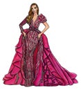 Female Model in an Asymmetrical Hot Pink Gown Fashion Illustration