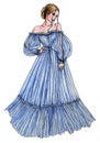 Female Model in a Blue Flowing Dress Fashion Illustration