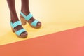 Female model, fashion and high heels for feet, floor and shoes with mock up space and colour block. Contemporary Royalty Free Stock Photo