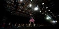 Female model at a fashion show on the catwalk (Rus